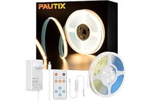 ‎PAUTIX PAUTIX COB LED Streifen 2700K Warmweiss 5M,480LEDs/M Dimmbar 24V Weiß LED Streifen Licht Set mit RF Fernbedienung und Netzteil,CRI93+ Hell Unterbauleuchte für Home DIY Dekoration Timerfunktion.