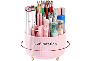DEYAAH Pencil Pen Holder for Desk, 5 Slots 360°Degree Rotating Pencil Pen Organizers for Desk, Desktop Storage Stationery Supplies Organizer, Cute Pencil Cup Pot for Office, School, Home, Art Supply (Pink)