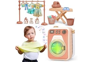 Kidoloop Toy Washing Machine for Kids, 18 PCs Pretend Play Laundry Set with Realistic Lights & Sounds, Includes Clothes Rack, Iron Board & Detergent Bottles, Role Play Gift for Children 3+ Years