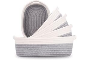 VORHOT 5 Pezzi Cestini Portaoggetti Intrecciato in Corda di Cotone, Cesto Porta Giochi Bambino con Maniglie, Impilabile Scatola di Immagazzinaggio, Organizer Fasciatoio per Giocattoli, Cosmetico