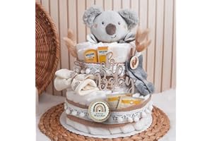 LIDAM Windeltorte Boho Vintage Stil | Geschenk zur Geburt | Made in Germany | mit Baby-Schmusetuch, hochwertigen Pflegeprodukten, Babytee, Söckchen, Tuch & schönem Zubehör | Baby Geschenk