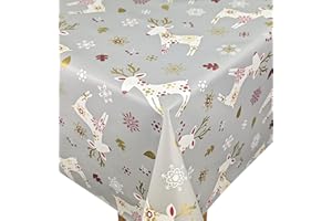 Karina Home Scandi Christmas Reindeer PVC Vinyl Wipe Clean Oilcloth Tablecloth (200cm x 140cm, Grey)