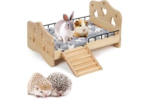 JAZUIHA Lit en bois pour cochon d'Inde avec escalier, garde-corps et tapis, coussin douillet, lit pour petits animaux, chinchillas, hamsters, furets et hérissons