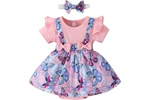 JiAmy Bebés Niña Manga Corta Monos Vestido Bordado Patrón Manga Corta Tirante con Diadema Falda Conjuntos de Verano para Recien Nacido 0-18 Meses