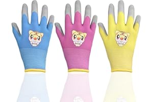iYinJuan 3 pary lateksowych rękawic ogrodniczych dla dzieci w wieku 3-5 lat, rękawice robocze ochronne dla chłopców i dziewcząt, podwójne rękawice ochronne (różowe, niebieskie, żółte)