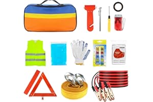Seruno X Kit di Emergenza Auto 14 Pezzi, Kit di Emergenza per Sopravvivenza con Triangolo di Avviso,Corda di Traino,Martello D'Emergenza/Poncho da Pioggia ECC.– Essenziali per La Sicurezza Stradale