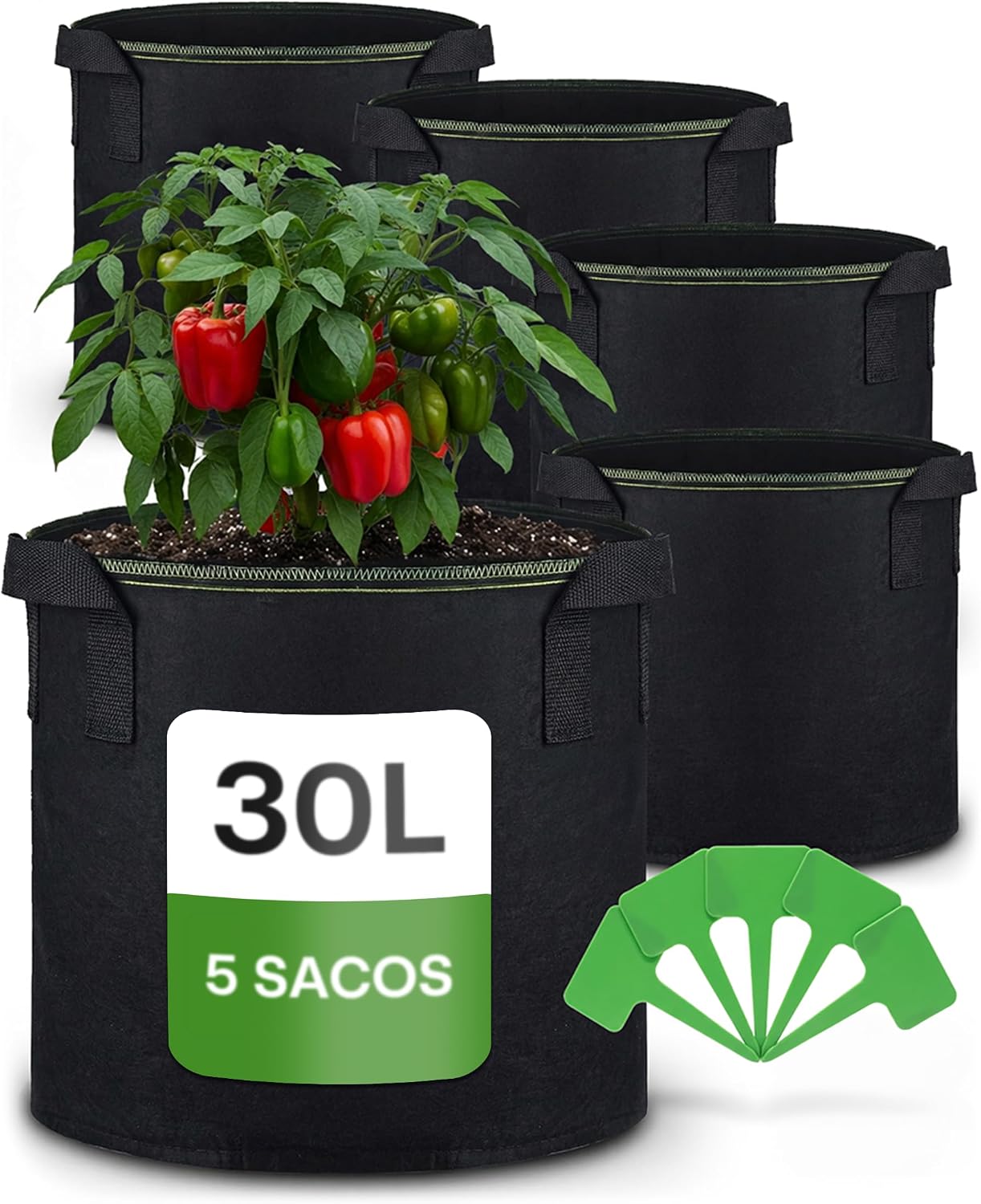 Praknu 5 Bolsas de Cultivo para Plantas 30L - Bolsas para Plantar de Tela no Tejida con Etiquetas y Asas - Maceta Geotextil para Plantas, Verduras y Hortalizas