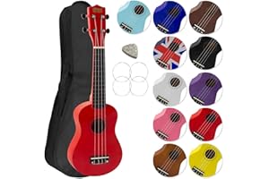 Mad About SU8-RD Ukulele soprano in rosso con custodia morbida, plettro e corde di ricambio, Ora dotato di corde in carbonio nere che offrono un suono più brillante