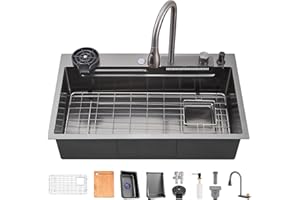 TULAZOU Évier de cuisine, 304 évier en acier inoxydable, 86x50cm évier de cuisine gris foncé, évier de cuisine multifonction avec robinet extractible et autres accessoires（86x50cm）