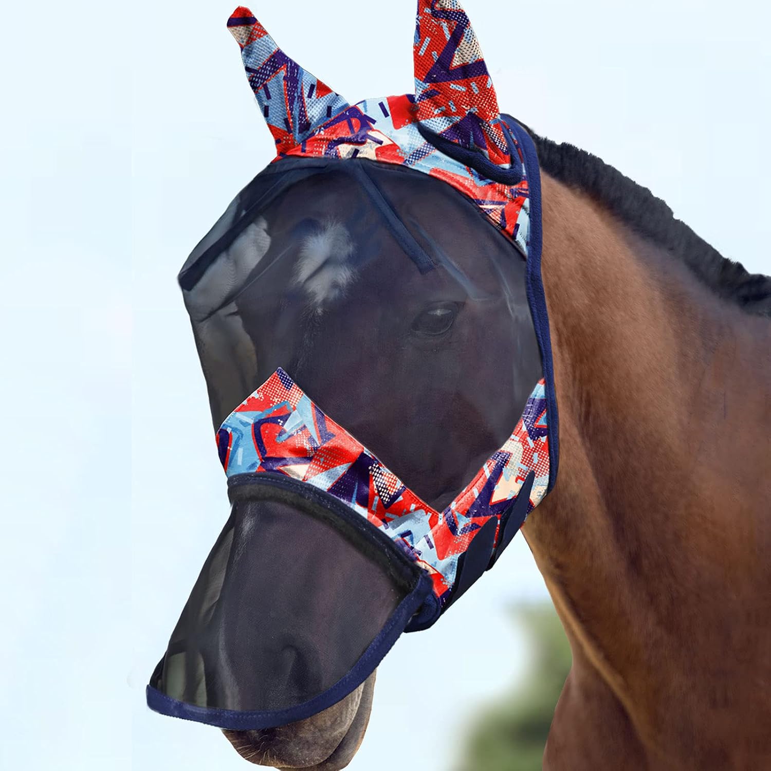 Harrison Howard CareMaster Máscara de Mosca de Caballo Nariz Larga con Orejas Protección UV para Caballo-Graffiti Abstracto (L)
