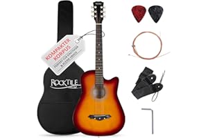 Rocktile WSD-5C-SB Slim Line Westerngitarre Set – Dreadnought Akustikgitarre mit Linde-Korpus, Catalpa-Hals, inkl. Tasche, Ersatzsaiten, Gurt & Plektren – Sunburst.