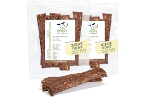 ROQSY Natur-Dörrfleisch 100% Ziege – Getreidefrei, Kauartikel, Trockenfleisch, Leckerli für Hunde, Idealer Snack für Welpen, Kaustreifen, Barf-fähig, Jerky – 200g