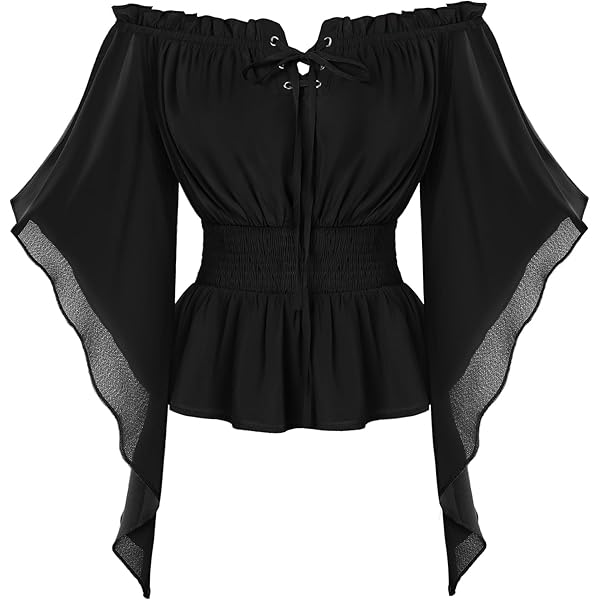 OBEEII Victoriaanse blouse voor dames, ruches, renaissance, blouses, korte mouwen, off-shoulder top, bovenstuk, smocked taille, middeleeuwse blouse, carnaval, Halloween, piraat, boerenkostuum, zwart