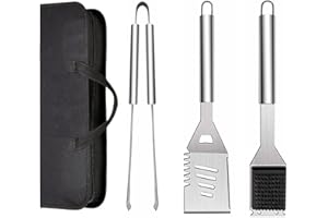 ZWMYF - Set di 3 utensili per barbecue in acciaio inox, con borsa per il trasporto, spatola inclusa, pinze, spazzola per la pulizia e custodia per il trasporto.