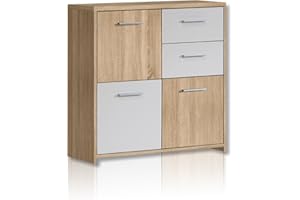 ‎FORTE FORTE Quadro Kommode mit 3 Türen und 2 Schubladen, Holzwerkstoff, Sonoma Eiche / Weiß, 77.2 x 29.6 x 77.5 cm