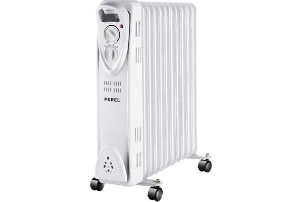 Perel Radiateur à huile 2500W avec 11 ailettes, 3 niveaux de chauffe, thermostat réglable, poignée, roulettes, protection anti-surchauffe et basculement, chauffage d'appoint portable, silencieux et
