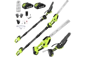KOOLWAVE Set di Motosega & Tagliasiepi a Batteria con Asta Telescopica, 4 in 1 Kit Potatura Sega Elettrico Mini Motosega, 4* Catene 6", 2 * 4000 mAh Batterie Ricaricabili per Tagliare Giardini, Arbusti, Rami