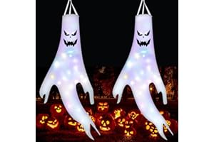 TENUEVO Halloween Deko Outdoor, 120cm Halloween Geist Windsock Garten Hängende Windsäcke mit 3 Lichtmodi 20 Led, Halloween Windsäcke für Karneval Party Terrasse Baum Veranda Deko (120cm)