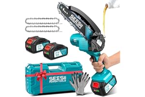 SEESII 6'' Mini Motosierra Bateria 8000mAh, Motosierra Eléctrica Bateria con Depósito Para El Aceite y Cadena Reemplazable, Motosierra Inalámbrica Portátil para Podar Árboles de Jardinería