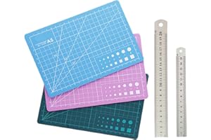 Smavles Craft Mat Pack of 3 Sewing Mat Cutting Mat A5 Self-Healing with 2 Pieces Stainless Steel Ruler for Quilting, Sewing, DIY Handmade Craft Mat