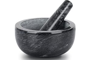 Parmedu Marmor-Mörser- und Stößel-Set: Küchenmühle aus Naturmarmor in großer Größe mit 14cm Durchmesser - Manuelle Gewürzmühle Kräutermühle Pillenzerkleinerer mit Stößel in Schwarz