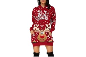 Lettorlick Robe De Noël Femme- Moche Sweat À Capuche Hiver Chaude Poche À Manches Longues Pull Noel Wapiti Pullover Noël Chic Moche Sweat Imprimé Noël Élégant Robe De Noel