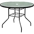 Garden Elements Outdoor Steel Dining Table Patio Furniture, Round Waterwave Glass Top, Black, 40"