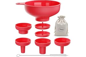Pisol Wide Mouth Versatile Funnel, Canning Funnels for Kitchen Use, Food Grade Plastic Cooking Funnel Set with 4 Size Spouts and 2 Strainers for Filling Different Bottles and Bags, Red