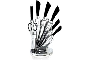 Kamberg Juego de cuchillos de 8 piezas en acero inoxidable, soporte acrílico, cuchillos de cocina, negro