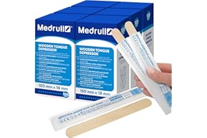 Medrull Spatole di legno, 600 pezzi, confezionate singolarmente in sacchetto di carta (6 x 100), 1,8 x 15 cm, spatole per bocca e gola per uso medico