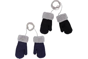 FJQUAMITIX 2 Pairs Baby Winter Knitted Mittens with String Cute Warm Fleece Lined Gloves Fluffy Mittens for Cold Weather Toddler Girls Boys Age 1-3 Years