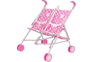 Dolly Tots Twin Stroller | Pink Polka Dot Double Dolls Pram for Kids Age 2+ | Tandem Pushchair | Lightweight Umbrella Fold Buggy | Role Play Toy Stroller for Girls & Boys