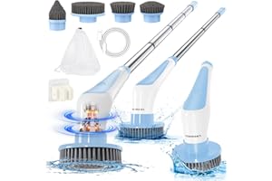 Homtronics Electric Spin Scrubber, [IPX8 Waterproof] Cordless Electric Cleaning Brush with 4 Replaceable Brush Heads, 120cm Adjustable Long Handle Power Scrubber for Bathroom, Tub, Floor, Pool (Blue)