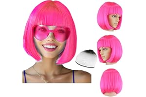 DAJOOEE Party Wigs Wig Cap and Sunglass Set,Short Bob Hair Wigs Straight with Flat Bangs Synthetic Colorful Cosplay Daily Party Neon Wig for Women (pink)