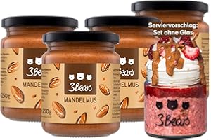 3Bears Mandelmus, 100% geröstete Nüsse, glutenfrei und vegan, cremig und intensiv im Geschmack, 4 x 250 g