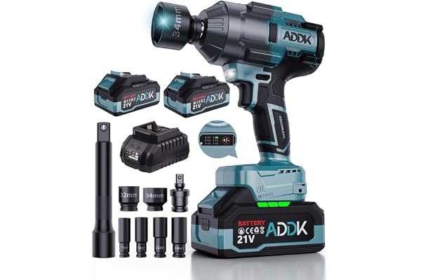 ADWOLT Clé à Chocs Sans Fil 1600Nm, Perceuse à Chocs 1/2" avec 2 x 4,0 Ah Batterie, 6 Vitesses 2600 tr/min, Moteur Sans Balai, LED, Kit avec 6 Embouts, pour camion voiture changement