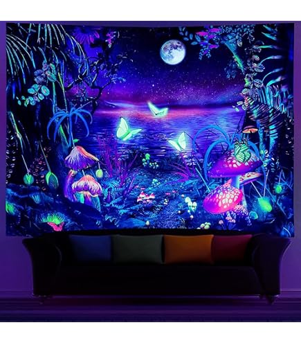 Tapisserie Murale Lumière Noire 300x180cm - Motif Forêt Réactif Aux UV - Déco Trippy Et Psychédélique