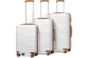 British Traveller 3Pcs Suitcase Set Carry On Hand Cabin Luggage Medium Size Hard Shell Checked in Suitcase with 4 Spinner Wheels TSA Lock 20" 24" 28" Travel Trolley Case(3 Pcs Set, White)