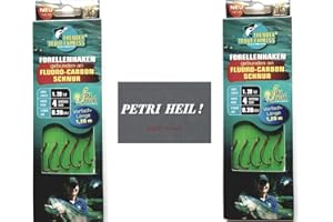 BLNTACKLE76 Set: 2-6 Packungen gebundene Forellenhaken (10-30 Stück) an Fluoro-Carbon Schnur Vorfach, Hakengröße 4, 6 & 8 von Behr + gratis Petri Heill! Aufkleber