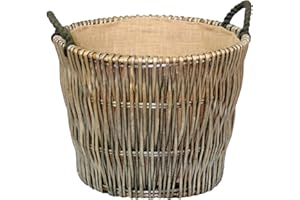 WRENBURY Traditional Large Wicker Log Basket for Fireplaces with Hessian Lining and Rope Handles - Perfect for Indoor Wood Burners and Inglenook Firesides - 50cm Diameter