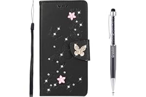 Grandoin Kompatibel mit iPhone 12 Mini Hülle (5,4 Zoll), Bling Glitzer Glitter Schmetterling Handyhülle im Brieftasche-Stil Handytasche PU Leder Flip Cover Case Schutzhülle Etui (Schwarz)