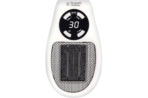 Russell Hobbs RHPH2001 500 W keramisk uttagsvärmare, justerbar termostat, 12 timmars timer och LED-skärm, 2 fläkthastigheter