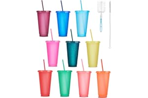 ZITFRI 10 Reusable Cup with Straw and Lid 24OZ Plastic Cups Colorful Glitter Tumblers for Cold Drinks Iced Coffee Set & Brush, Party Tumbler Travel Mug COLORS