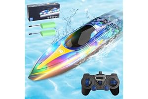 NAVESO Bateau Télécommandé, 2,4 GHz 15km/h Bateau RC, Haute Vitesse RC Racing Boat avec Lumière Éblouissante et 2 Batteries, Télécommandés Bateau RC pour Enfants et Adultes