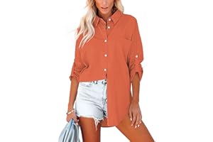 Homlan Bluzka damska bawełniana z długim rękawem Roll Up elegancka górna część luźna koszula listwa guzikowa jednokolorowa koszula z długim rękawem tunika bluzka koszula z kieszeniami na piersi