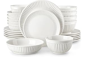 MALACASA 24-Piece Embossed Porcelain Dinner Set for 6, Includes Dinner Plates & Soup Bowls, Chip and Scratch Resistant, Microwave and Dishwasher Safe, Elegant White, Series Leila