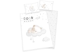 Arle-Living 3 TLG. Baby Flanell Bettwäsche Set mit Wende Motiv: schlafendes Bärchen - 100x135 cm + 40x60 cm + 1 Spannbettlaken 70x140 cm (Flanell)