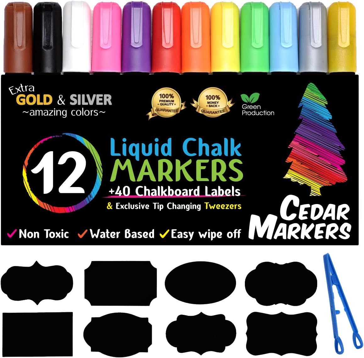 Cedar Markers Liquid Chalk Markers - 12 Pack with Free 40 Chalkboard Labels - Neon Color Pens Including Gold and Silver Ink. Reversible Bullet and Chisel Tip and A Revolutionary Cap.