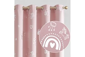 Vangao Regenbogen-Verdunkelungsvorhänge für Mädchenzimmer, rosa Einhorn für Kinderzimmer, silberfarbener Foliendruck, wärmeisolierte Vorhänge mit Ösen, Fenstervorhänge, 160 cm Länge, 2 Paneele