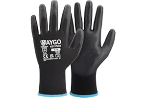 KAYGO Work Gloves PU Coated-12 Pairs, KG11PB, Black Safety Working Gloves with Secure Grip on Palm & Fingers, for Men and Women, Ideal for General Duty Work, Gardening (Medium, Black)